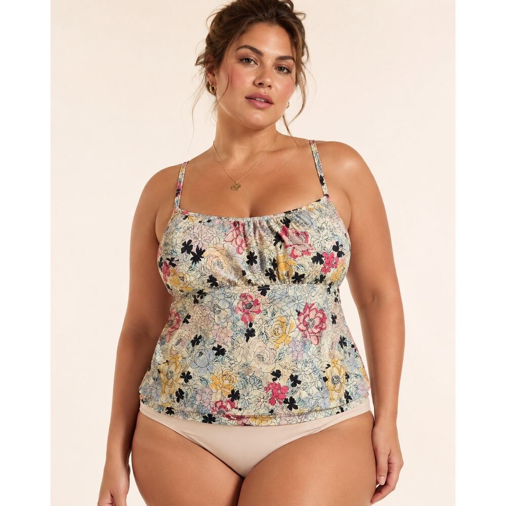 PO-EX Fit 4U Floral Tankini Swim Top 18W Plus Tummy Control Built-In Bra NWT